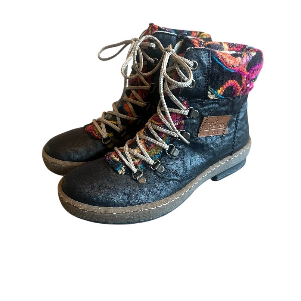 Rieker Black Leather Lace-Up Ankle Boots with Colorful Knit Cuff